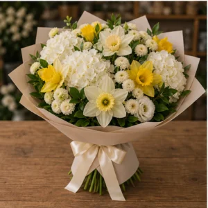 Buchet Narcise de lux alb galben cu hortensie - poza 3