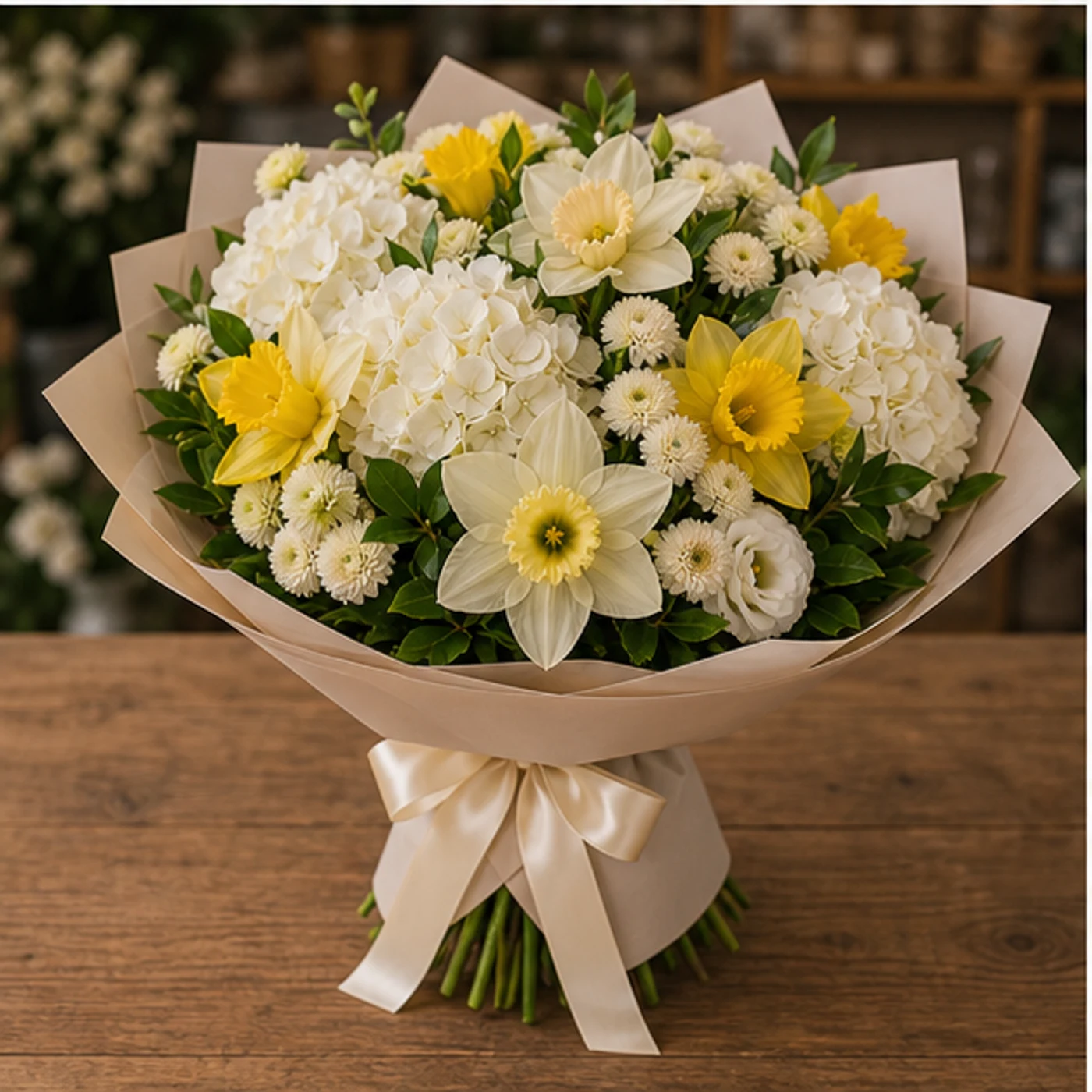 Buchet Narcise de lux alb galben cu hortensie - poza 3