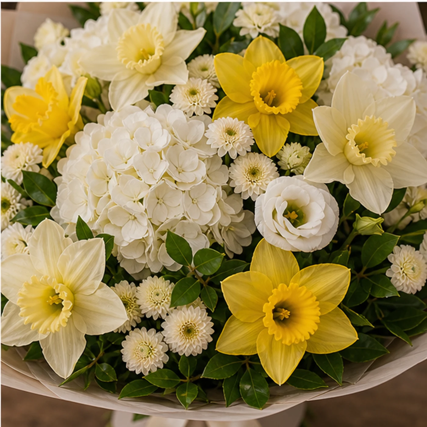Buchet Narcise de lux alb galben cu hortensie - poza 4