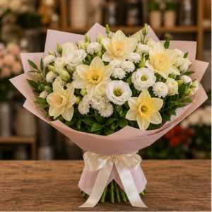 Buchet Narcise delicat cu lisianthus crem - poza 1