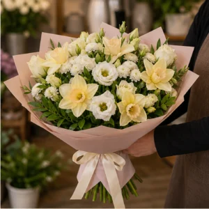 Buchet Narcise delicat cu lisianthus crem - poza 2