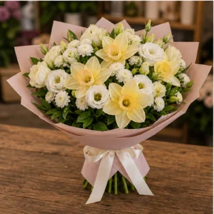 Buchet Narcise delicat cu lisianthus crem - poza 3