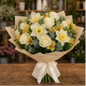 Buchet Narcise elegant cu trandafiri albi - poza 1