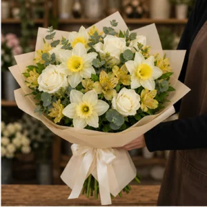 Buchet Narcise elegant cu trandafiri albi - poza 2