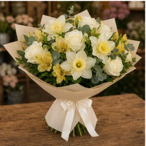 Buchet Narcise elegant cu trandafiri albi - poza 3