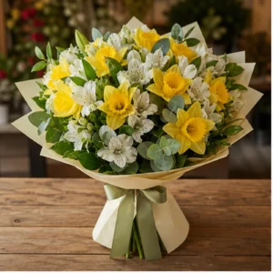 Buchet Narcise galbene cu alstroemeria alba - poza 1