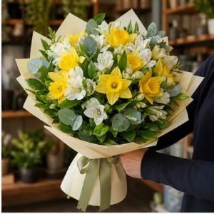Buchet Narcise galbene cu alstroemeria alba - poza 2