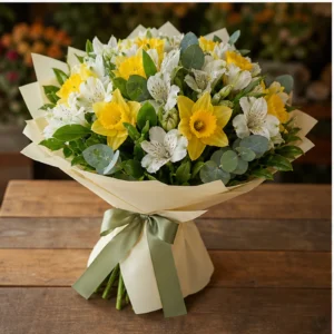 Buchet Narcise galbene cu alstroemeria alba - poza 3