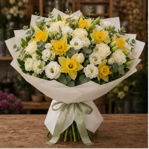 Buchet Narcise grandios cu lisianthus alb - poza 1