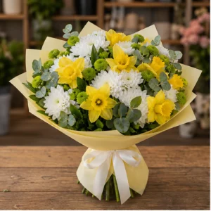 Buchet Narcise luminos cu crizanteme albe - poza 1