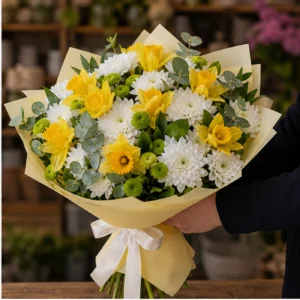 Buchet Narcise luminos cu crizanteme albe - poza 2