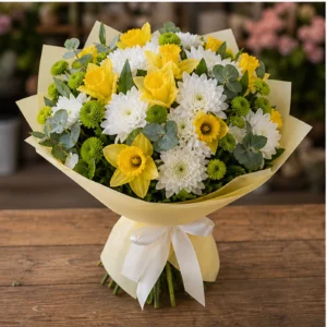 Buchet Narcise luminos cu crizanteme albe - poza 3
