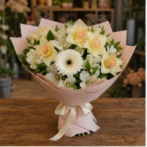 Buchet Narcise pastel cu gerbera alba - poza 1