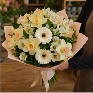 Buchet Narcise pastel cu gerbera alba - poza 2