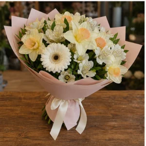 Buchet Narcise pastel cu gerbera alba - poza 3