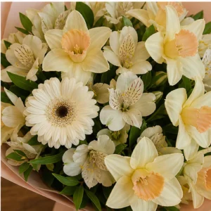 Buchet Narcise pastel cu gerbera alba - poza 4