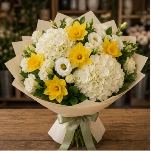 Buchet Narcise premium cu hortensie alba - poza 1