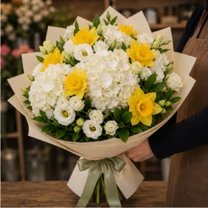Buchet Narcise premium cu hortensie alba - poza 2