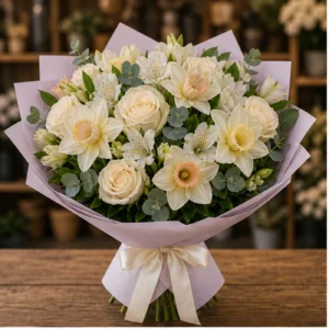 Buchet Narcise premium pastel cu trandafiri - poza 1