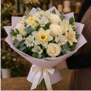 Buchet Narcise premium pastel cu trandafiri - poza 2
