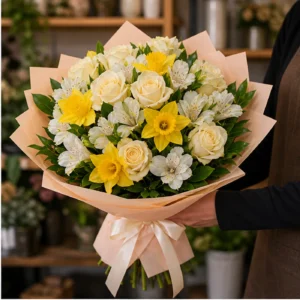 Buchet Narcise primavaratic cu trandafiri crem - poza 2