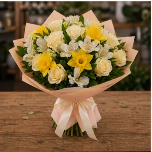 Buchet Narcise primavaratic cu trandafiri crem - poza 3