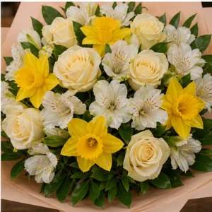 Buchet Narcise primavaratic cu trandafiri crem - poza 4