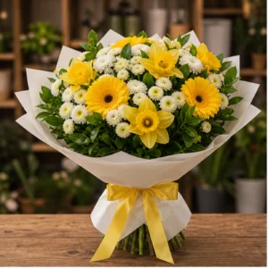 Buchet Narcise vesel cu gerbera galbena - poza 1