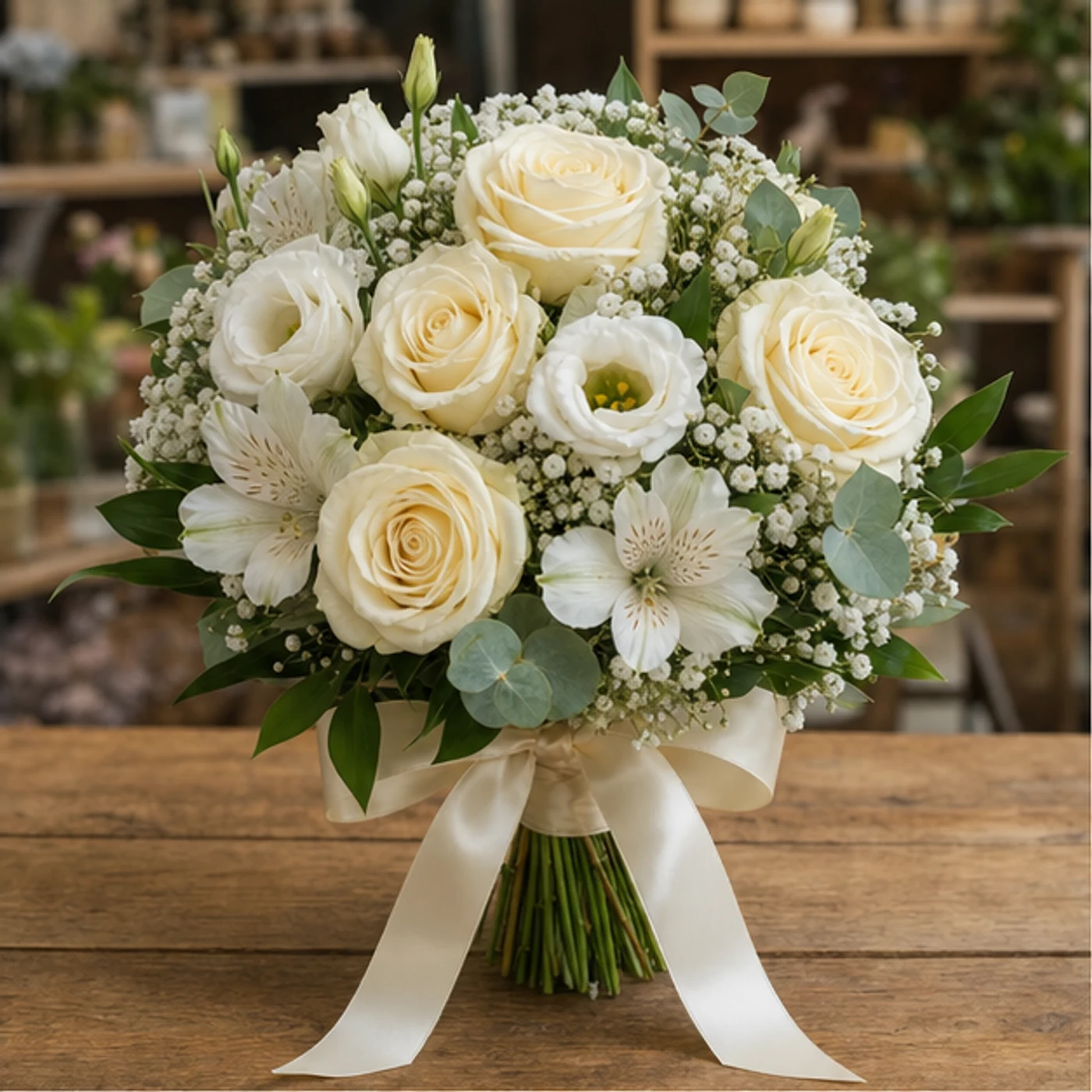 Buchet Nasa alb crem cu trandafiri si lisianthus - poza 1