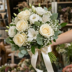 Buchet Nasa alb crem cu trandafiri si lisianthus - poza 2