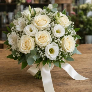 Buchet Nasa alb crem cu trandafiri si lisianthus - poza 3