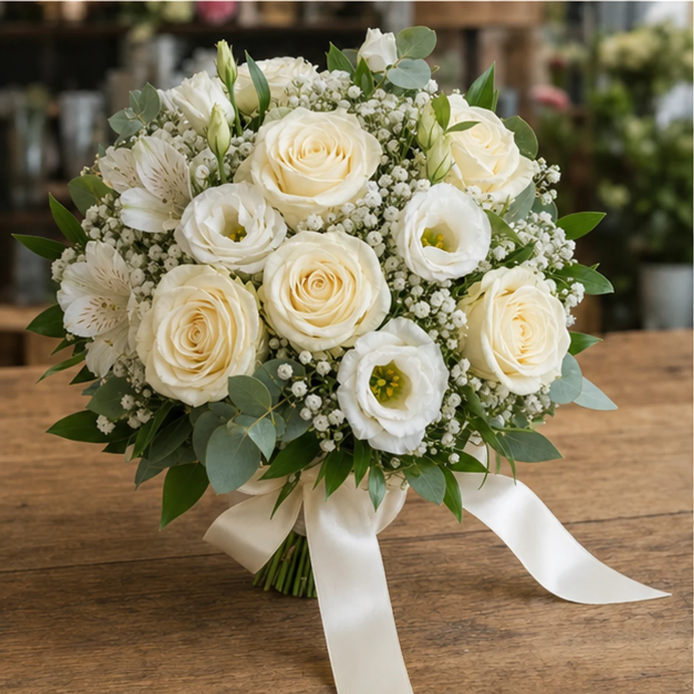 Buchet Nasa alb crem cu trandafiri si lisianthus - poza 3