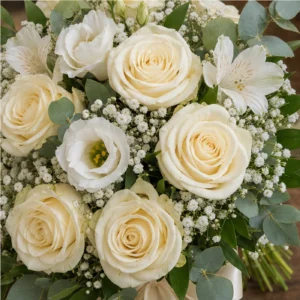 Buchet Nasa alb crem cu trandafiri si lisianthus - poza 4