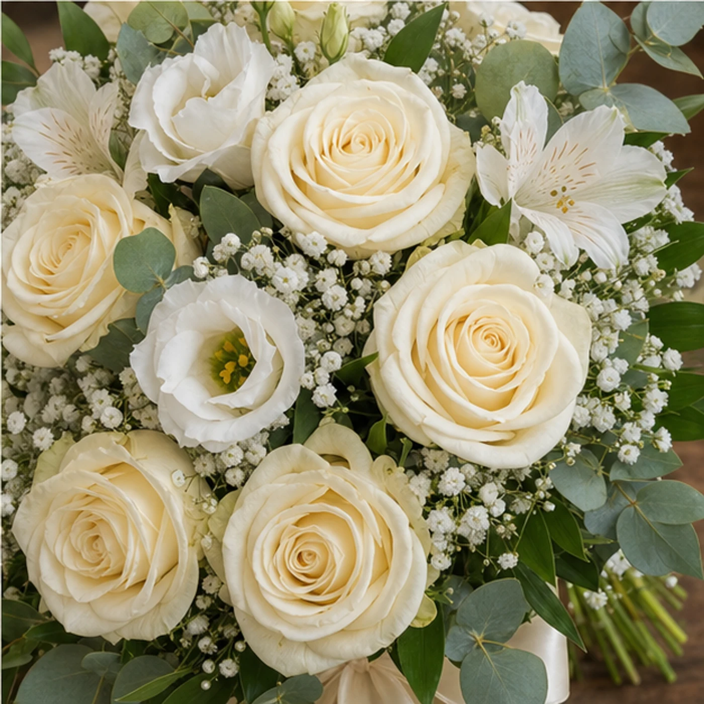 Buchet Nasa alb crem cu trandafiri si lisianthus - poza 4