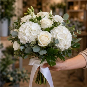 Buchet Nasa alb verde cu hortensie si trandafiri - poza 2