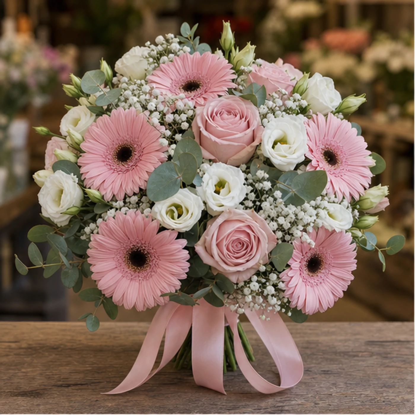 Buchet Nasa roz pudrat cu gerbera si eustoma - poza 1