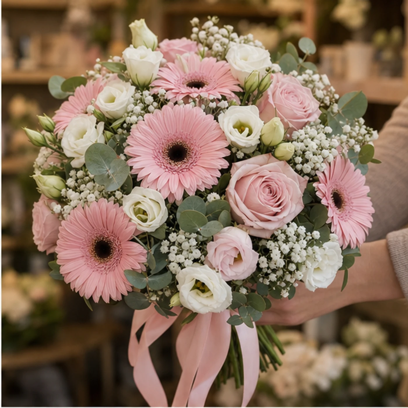 Buchet Nasa roz pudrat cu gerbera si eustoma - poza 2