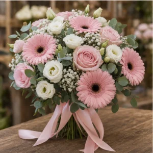 Buchet Nasa roz pudrat cu gerbera si eustoma - poza 3