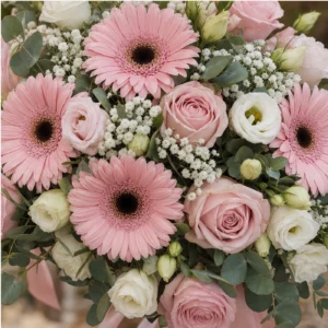 Buchet Nasa roz pudrat cu gerbera si eustoma - poza 4