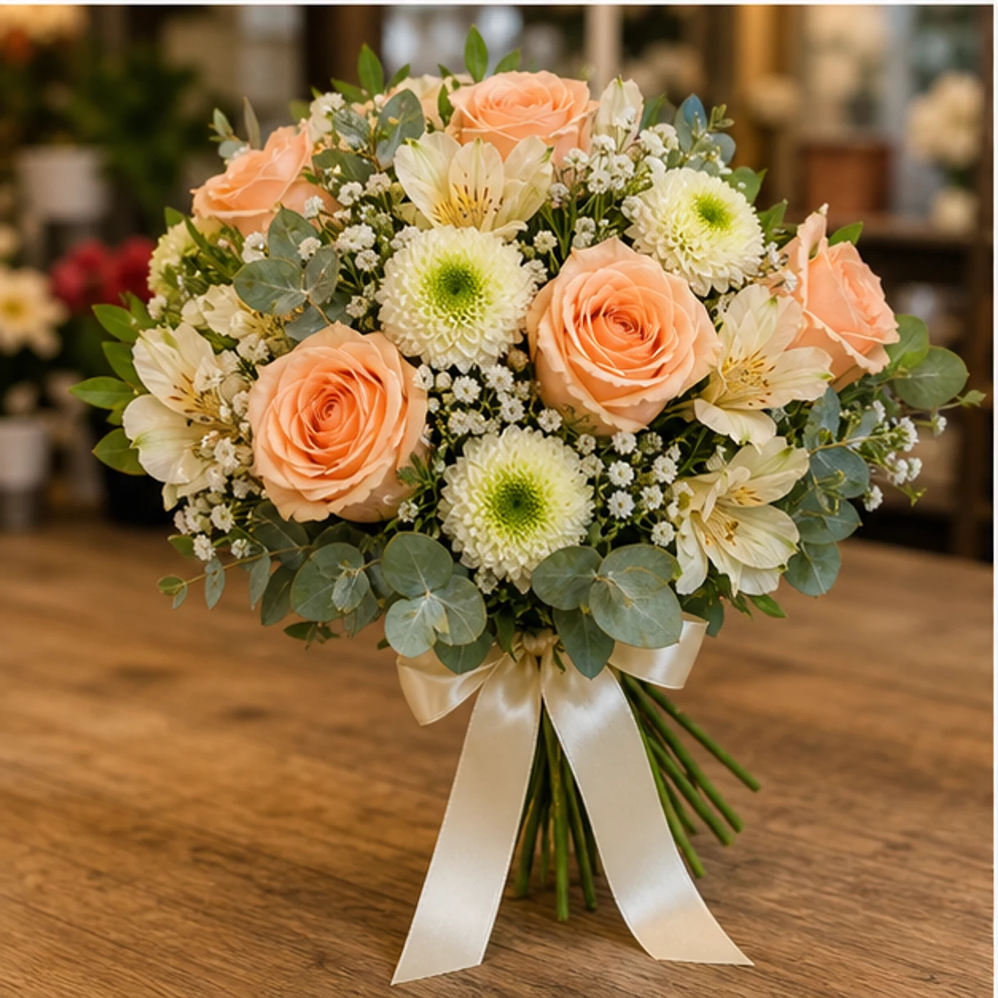 Buchet Nasa vesel cu trandafiri piersica si santini - poza 3