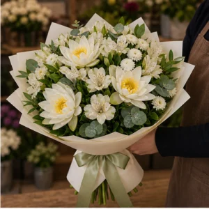 Buchet Nuferi albi cu alstroemeria crem - poza 2