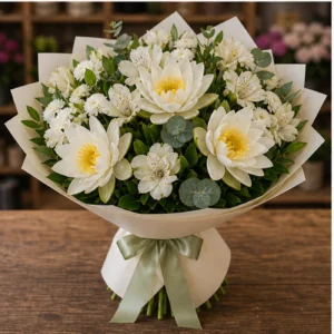 Buchet Nuferi albi cu alstroemeria crem - poza 3