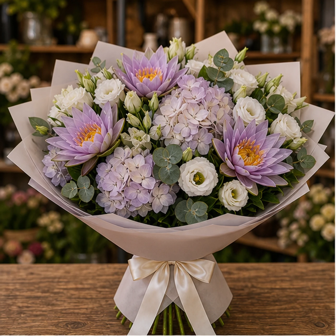 Buchet Nuferi de lux lila cu hortensie - poza 1