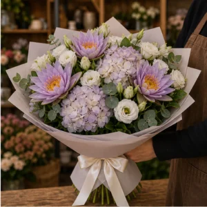 Buchet Nuferi de lux lila cu hortensie - poza 2