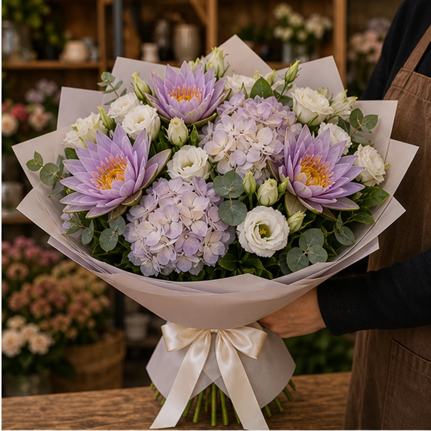 Buchet Nuferi de lux lila cu hortensie - poza 2