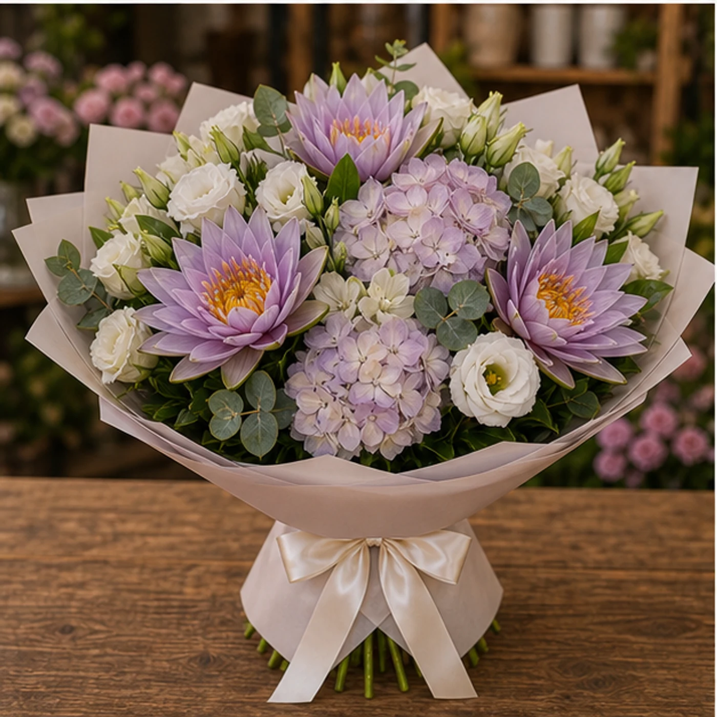 Buchet Nuferi de lux lila cu hortensie - poza 3