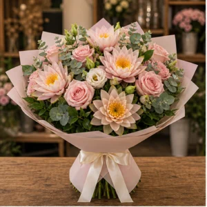 Buchet Nuferi delicat cu trandafiri roz - poza 1