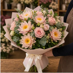Buchet Nuferi delicat cu trandafiri roz - poza 2