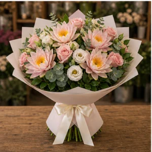 Buchet Nuferi delicat cu trandafiri roz - poza 3