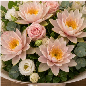 Buchet Nuferi delicat cu trandafiri roz - poza 4
